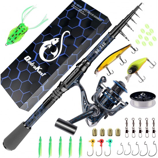 QudraKast Blue Fishing Rod and Reel Combos, Unique Design with X-Warping Painting