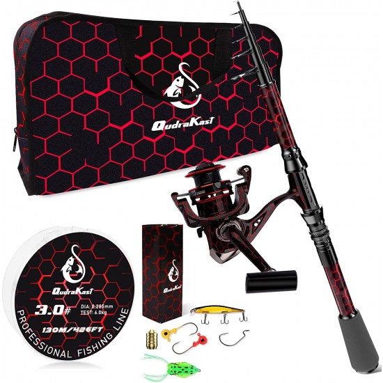 QudraKast Red Fishing Pole and 12+1 Full Metal Ultra Smooth Spinning Reel Combos with Carrier Bag