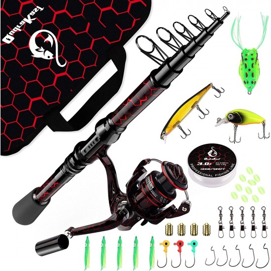 QudraKast Red High Precision Machined Tech Pattern Telescopic Fishing Pole and Hardened Metal Ultra Smooth Spinning Reel Combos with Carrier Bag