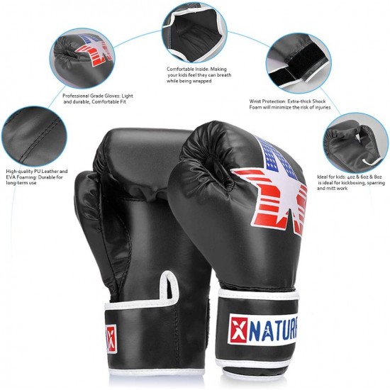 Xnature Black 4oz 6oz 8oz PU Kids Boxing Gloves, Gift Box Children Kickboxing Sparring Youth Boxing