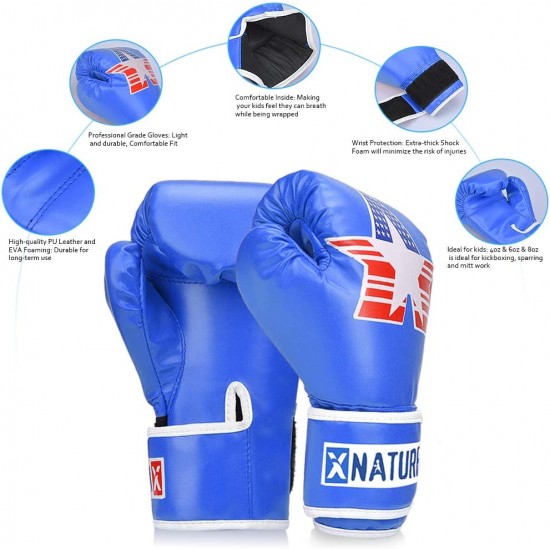 Xnature Blue 4oz 6oz 8oz PU Kids Boxing Gloves, Gift Box Children Kickboxing Sparring Youth Boxing