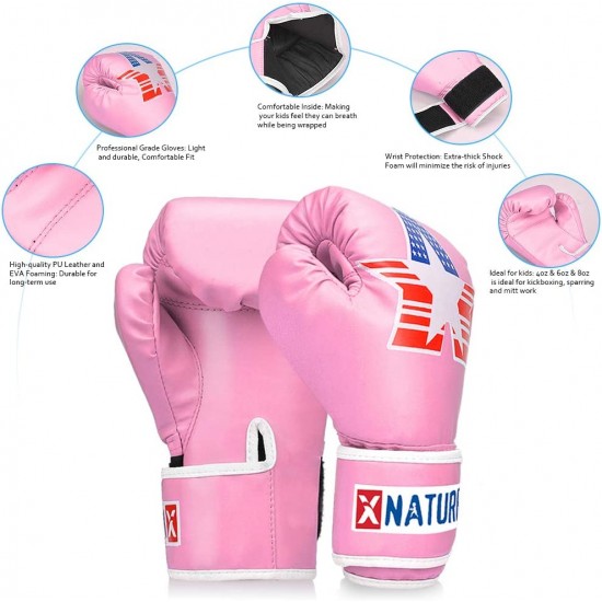 Xnature Pink 4oz 6oz 8oz PU Kids Boxing Gloves, Gift Box Children Kickboxing Sparring Youth Boxing